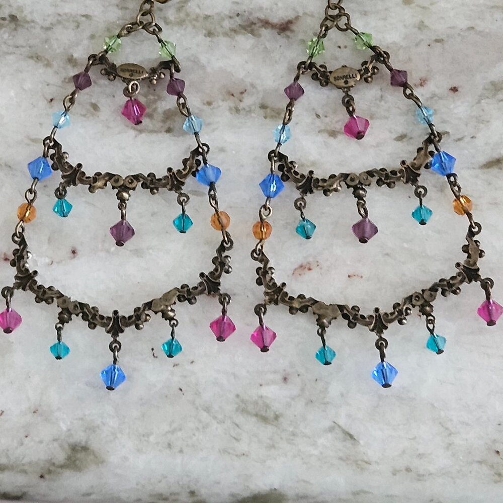 RARE VINTAGE SORRELLI FLOWER FLORAL CRYSTAL DROP DANGLE CHANDELIER EARRINGS - Picture 13 of 13